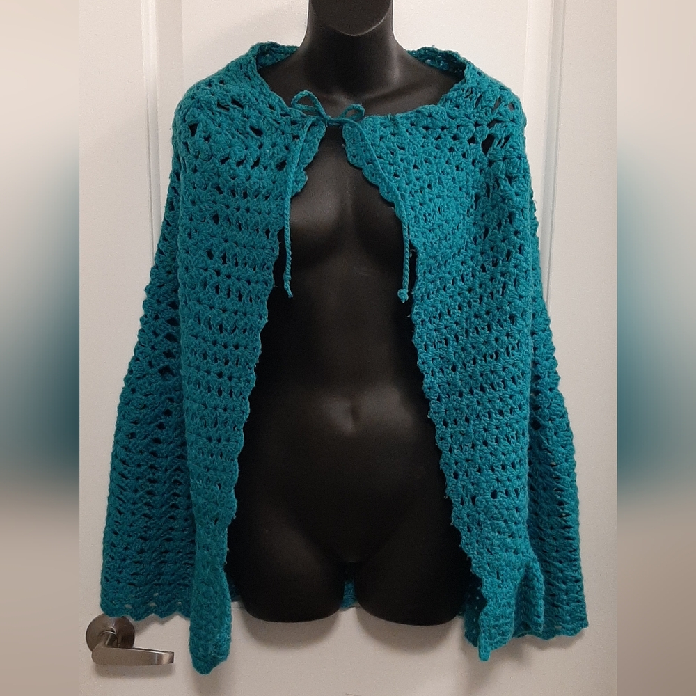 Crochet Hand Knit Granny Shawl Vintage Handmade Teal Blue Wrap With Tie